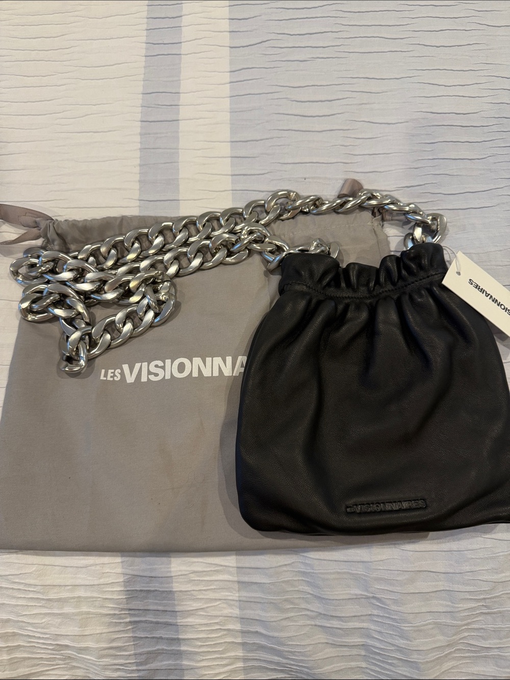 Les Visionnaires Black Leather Crossbody Pouch Bag with Silver Chain